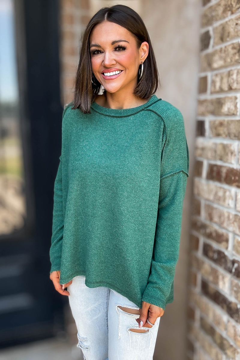 Brushed Dark Green Ribbed Hacci Hi-Low Sweater Top