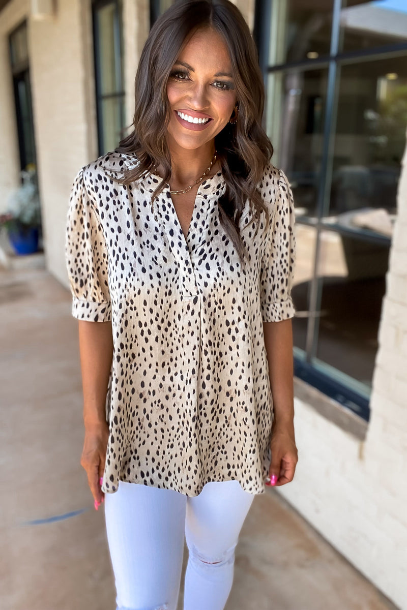 Cheetah Print Short Tucked Sleeves Top