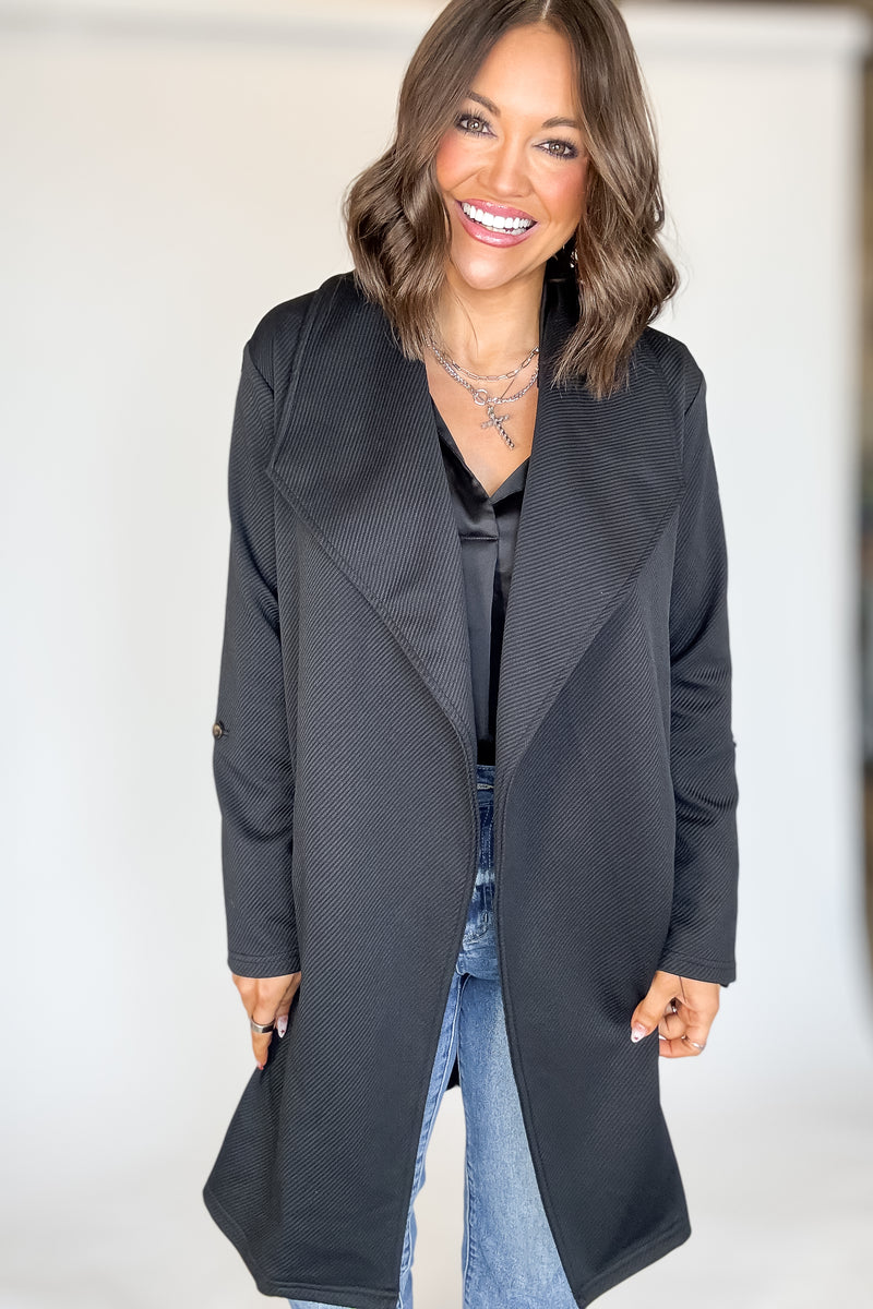 Solid Black Roll Up Sleeve Open Draped Pockets Cardigan