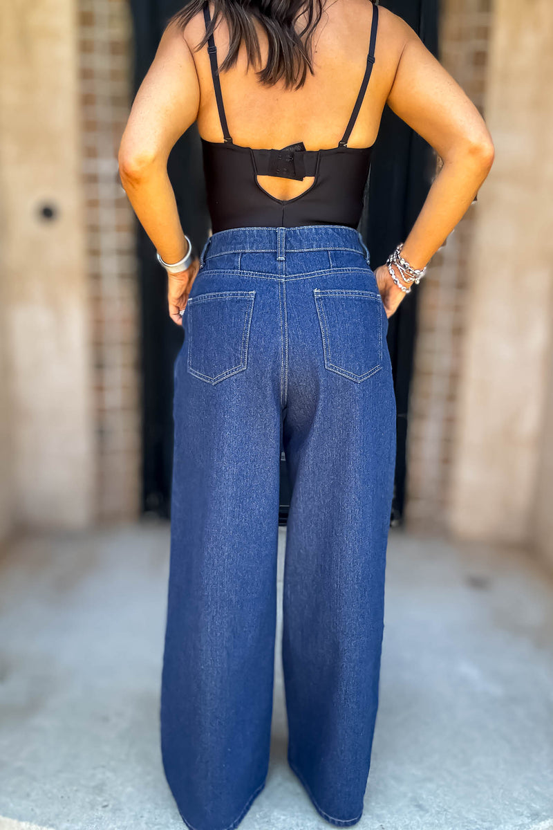 Mable Denim High Waist Pintuck Wide Leg Jean Pants