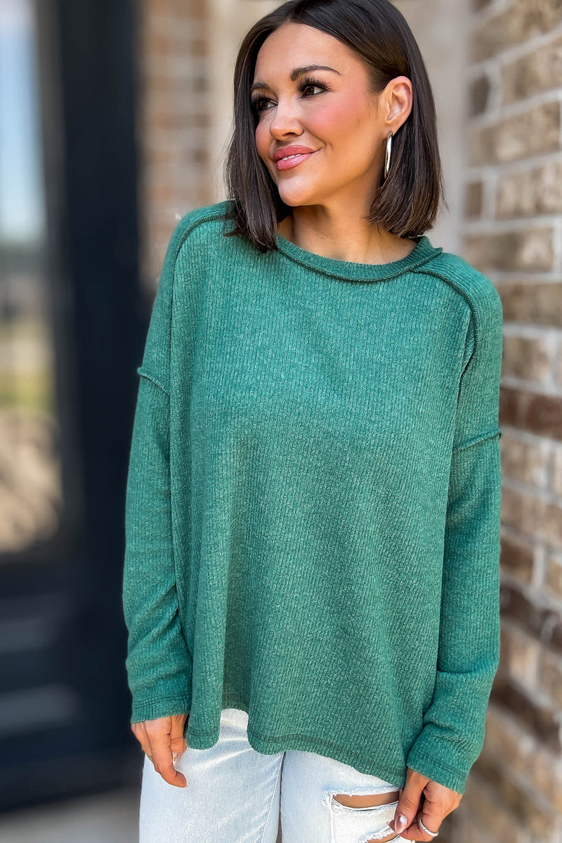 Brushed Dark Green Ribbed Hacci Hi-Low Sweater Top