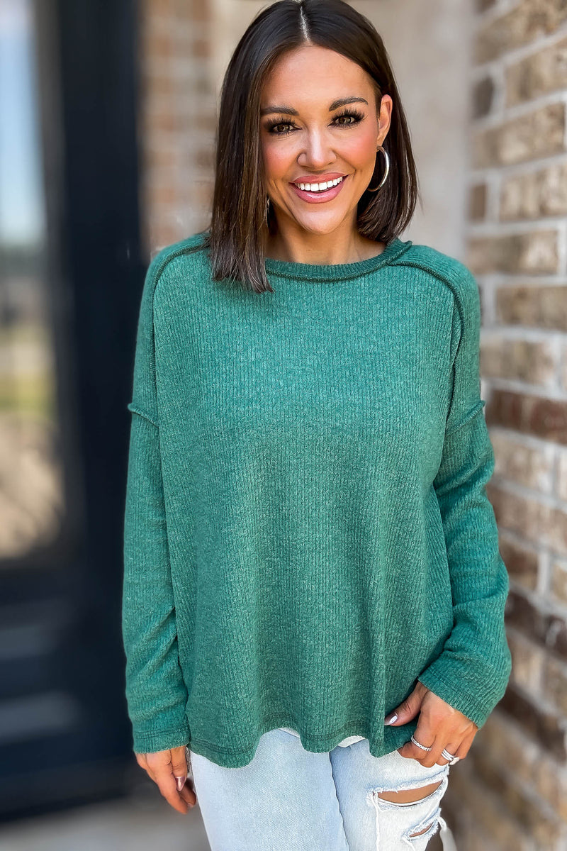 Brushed Dark Green Ribbed Hacci Hi-Low Sweater Top