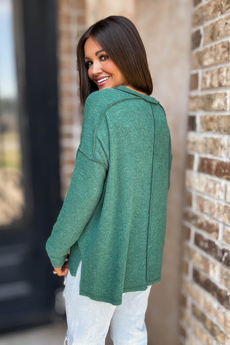 Brushed Dark Green Ribbed Hacci Hi-Low Sweater Top