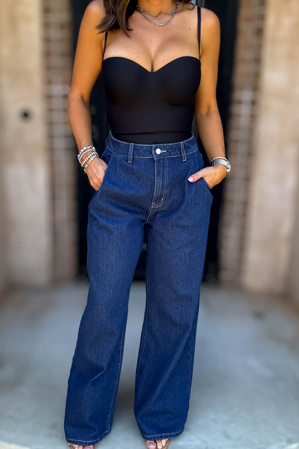 Mable Denim High Waist Pintuck Wide Leg Jean Pants