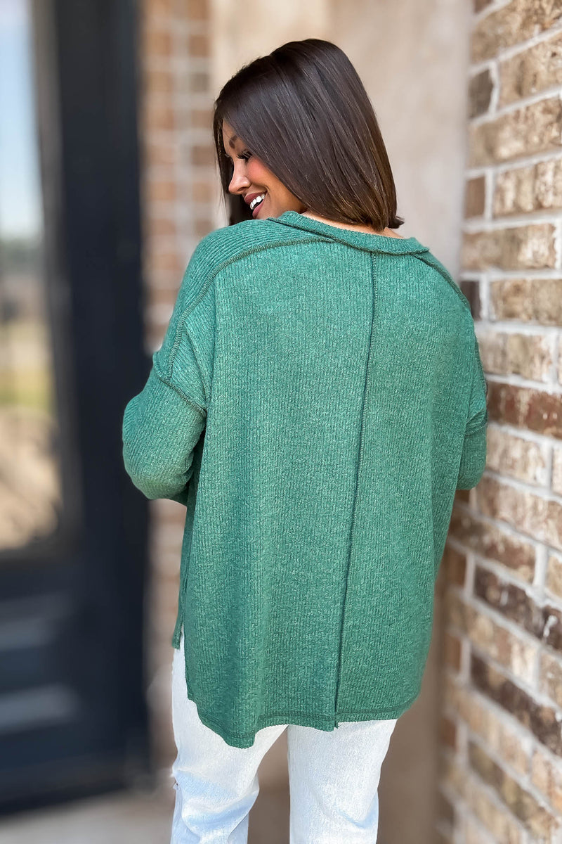 Brushed Dark Green Ribbed Hacci Hi-Low Sweater Top
