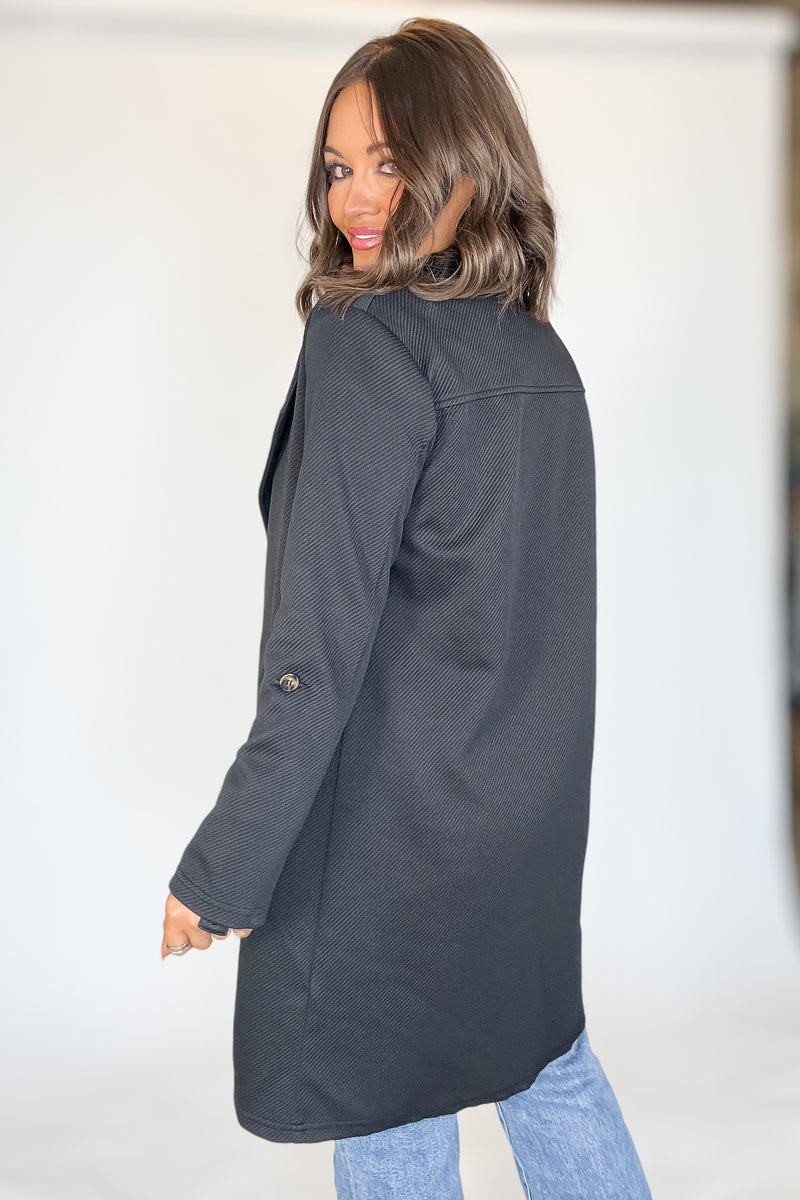 Solid Black Roll Up Sleeve Open Draped Pockets Cardigan