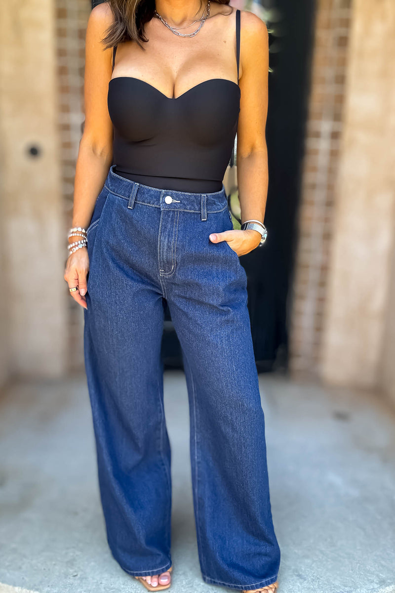 Mable Denim High Waist Pintuck Wide Leg Jean Pants