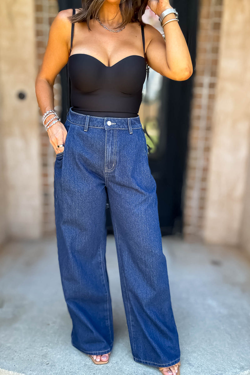 Mable Denim High Waist Pintuck Wide Leg Jean Pants