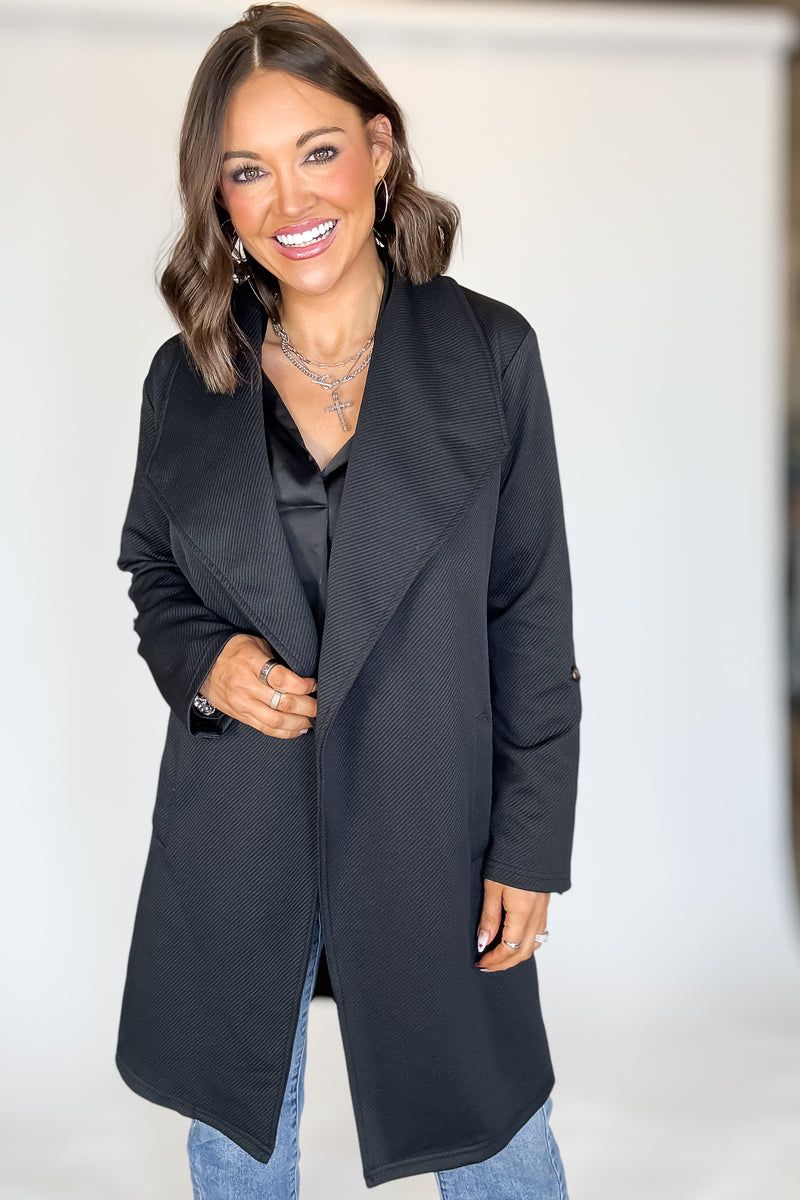 Solid Black Roll Up Sleeve Open Draped Pockets Cardigan