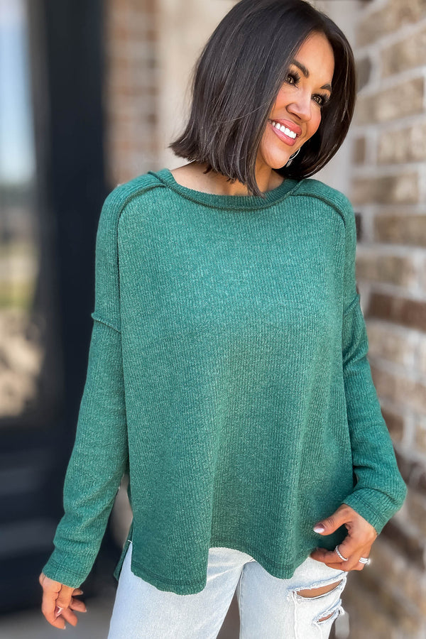 Brushed Dark Green Ribbed Hacci Hi-Low Sweater Top