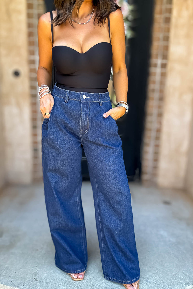 Mable Denim High Waist Pintuck Wide Leg Jean Pants
