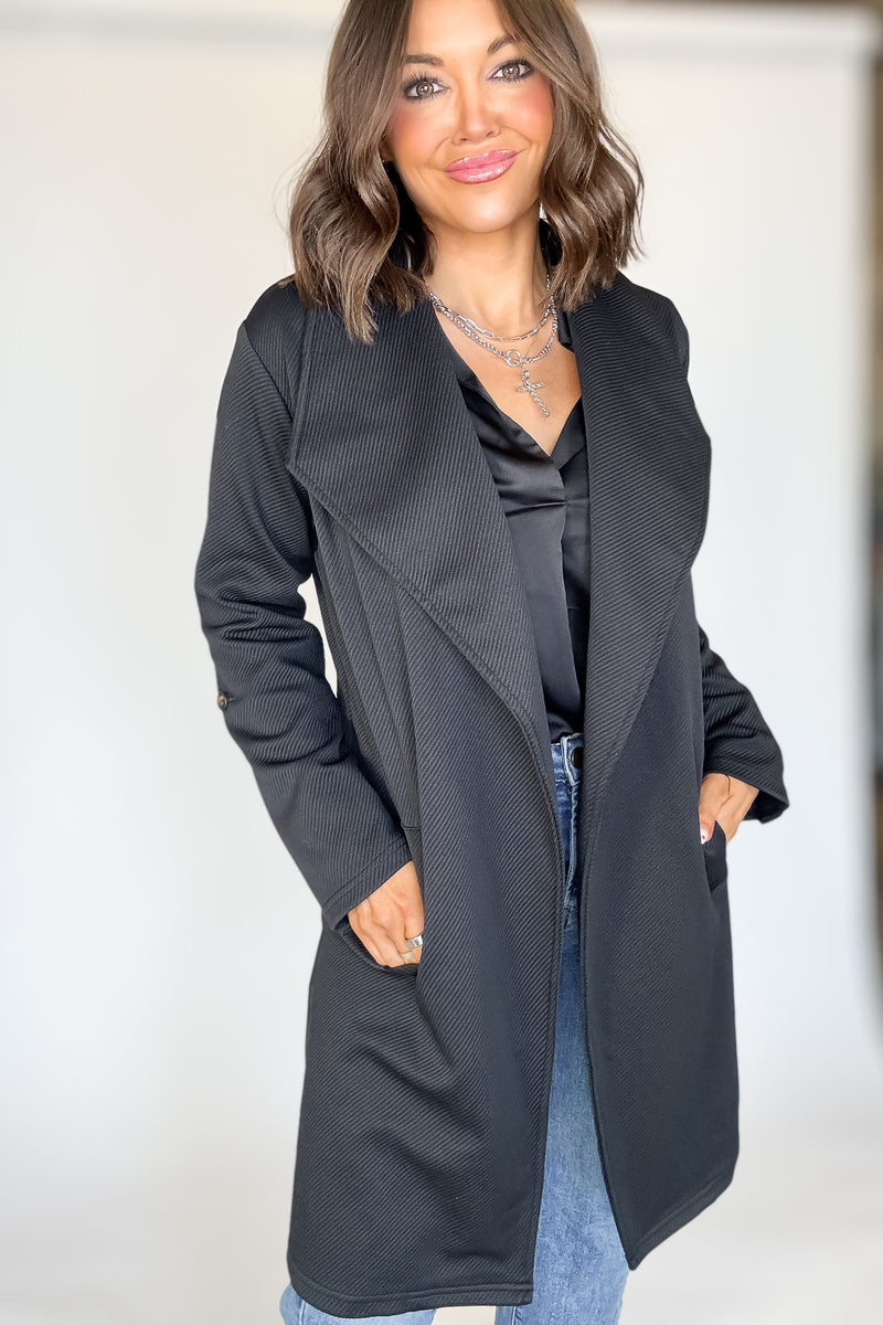 Solid Black Roll Up Sleeve Open Draped Pockets Cardigan