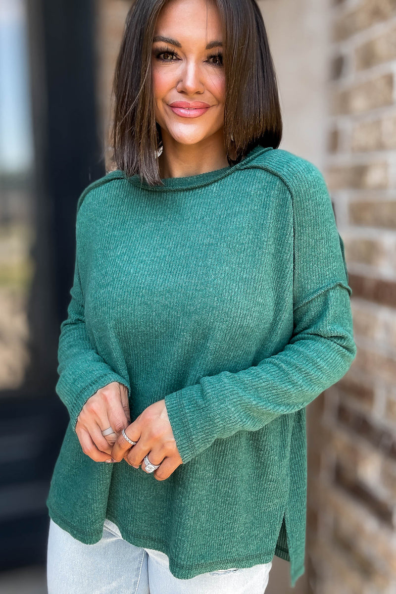 Brushed Dark Green Ribbed Hacci Hi-Low Sweater Top