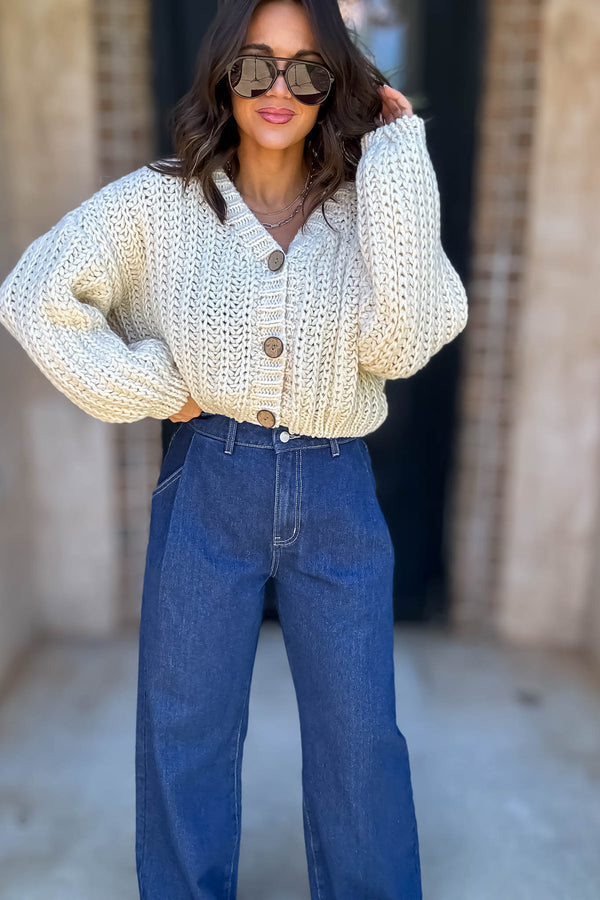 Mable Cream Chunky Knit V Neck Wood Button Down Cardigan