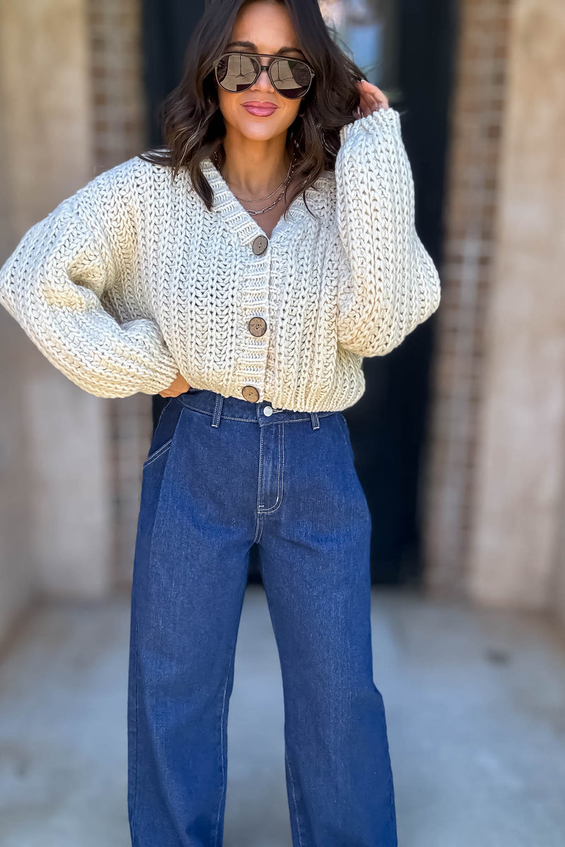 Mable Cream Chunky Knit V Neck Wood Button Down Cardigan