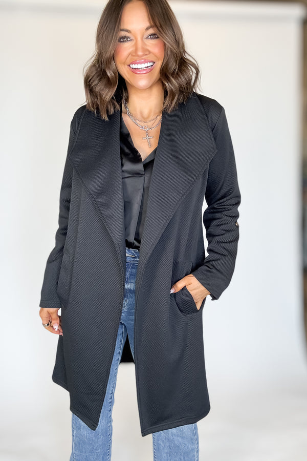 Solid Black Roll Up Sleeve Open Draped Pockets Cardigan