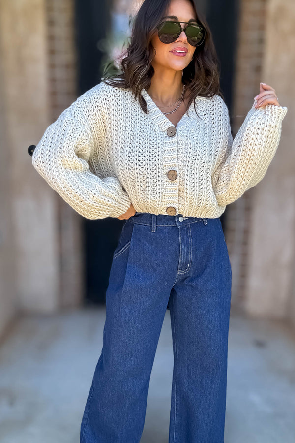 Mable Cream Chunky Knit V Neck Wood Button Down Cardigan