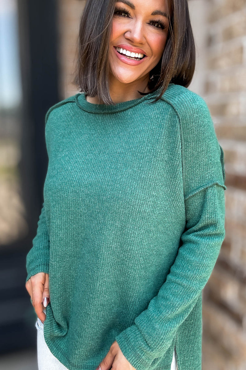 Brushed Dark Green Ribbed Hacci Hi-Low Sweater Top