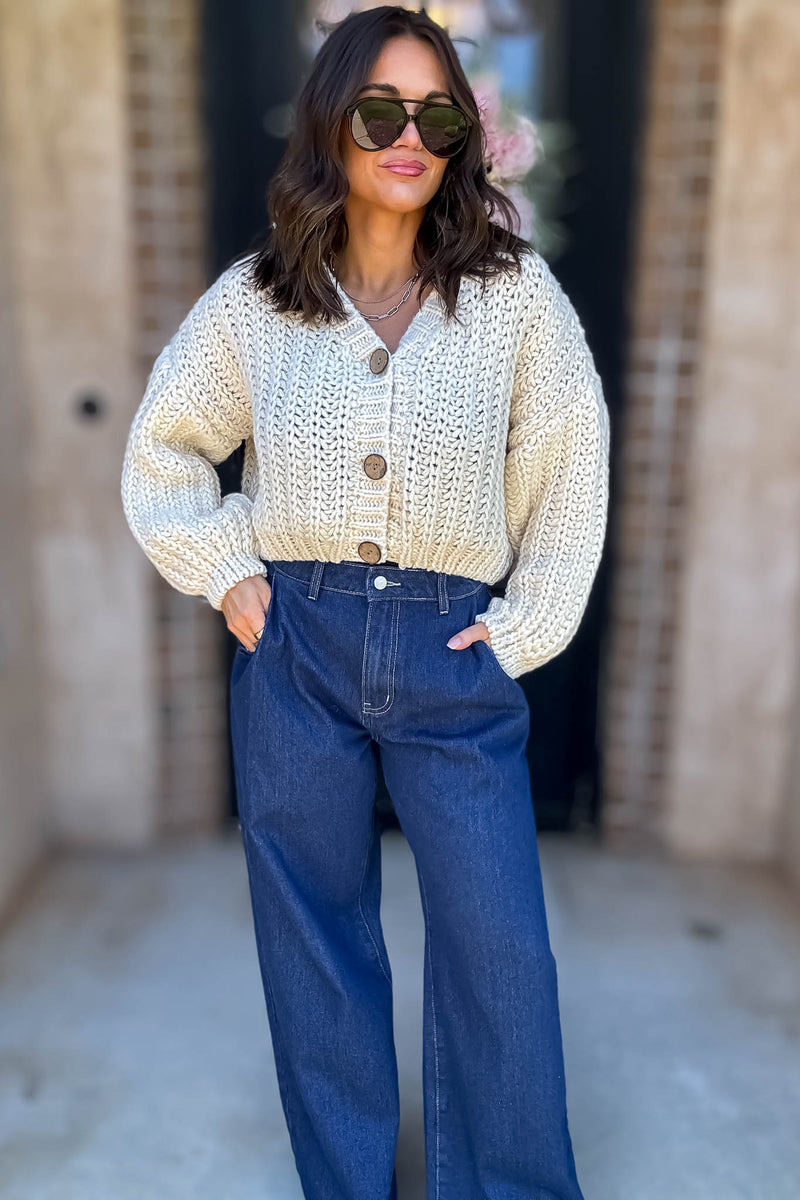 Mable Cream Chunky Knit V Neck Wood Button Down Cardigan