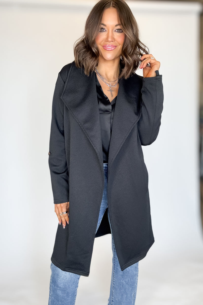 Solid Black Roll Up Sleeve Open Draped Pockets Cardigan