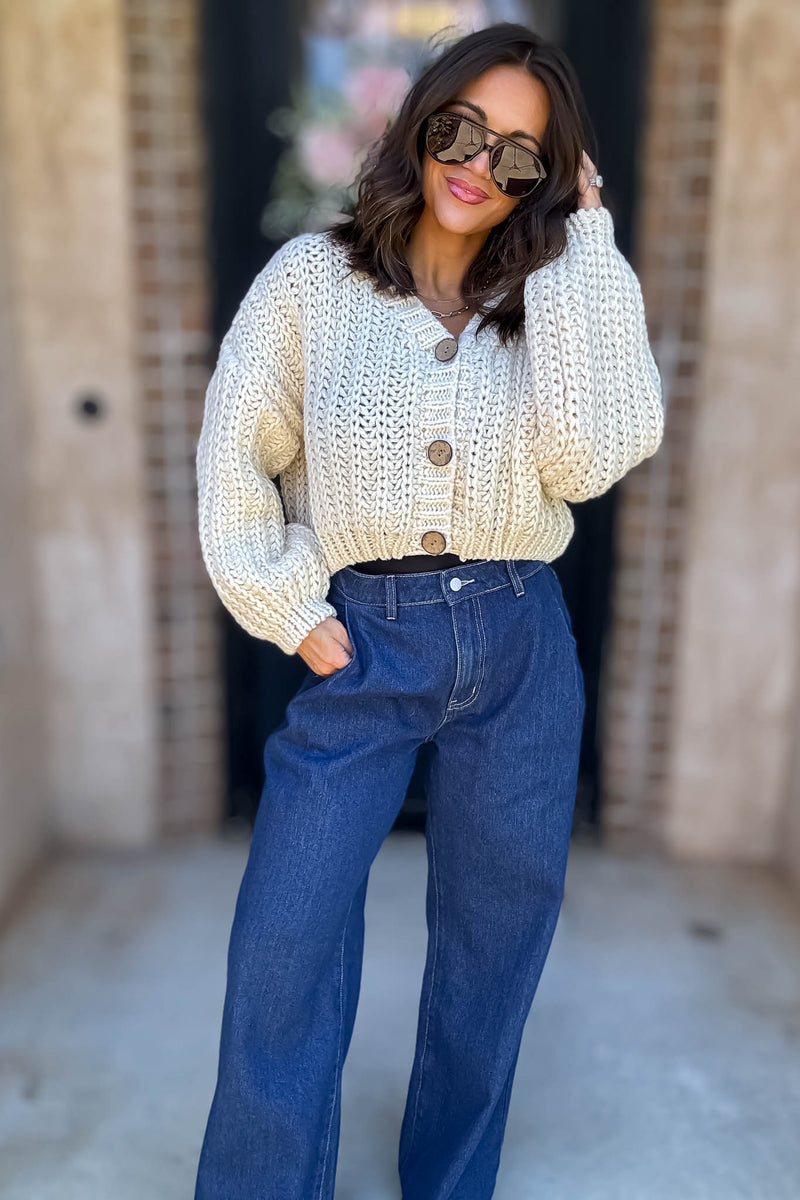Mable Cream Chunky Knit V Neck Wood Button Down Cardigan