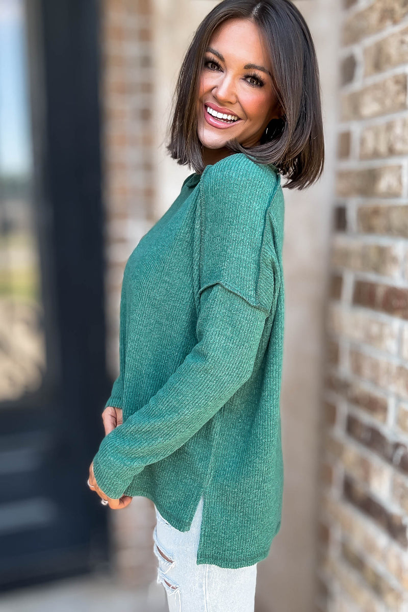 Brushed Dark Green Ribbed Hacci Hi-Low Sweater Top
