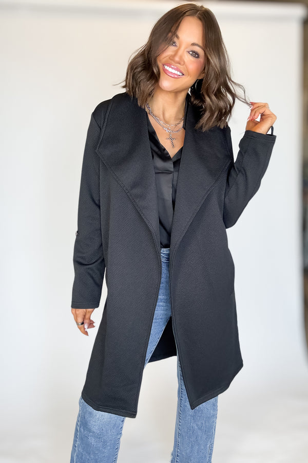 Solid Black Roll Up Sleeve Open Draped Pockets Cardigan