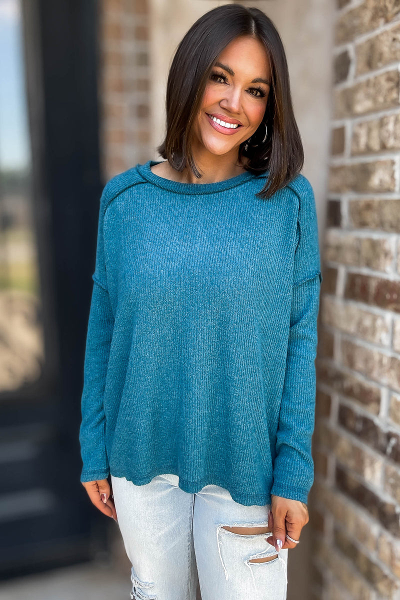 Brushed Teal Ribbed Hacci Hi-Low Sweater Top