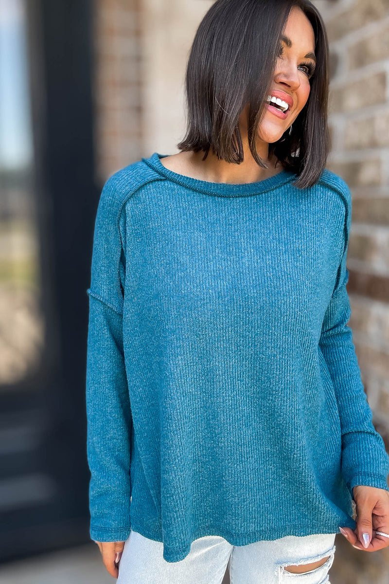 Brushed Teal Ribbed Hacci Hi-Low Sweater Top