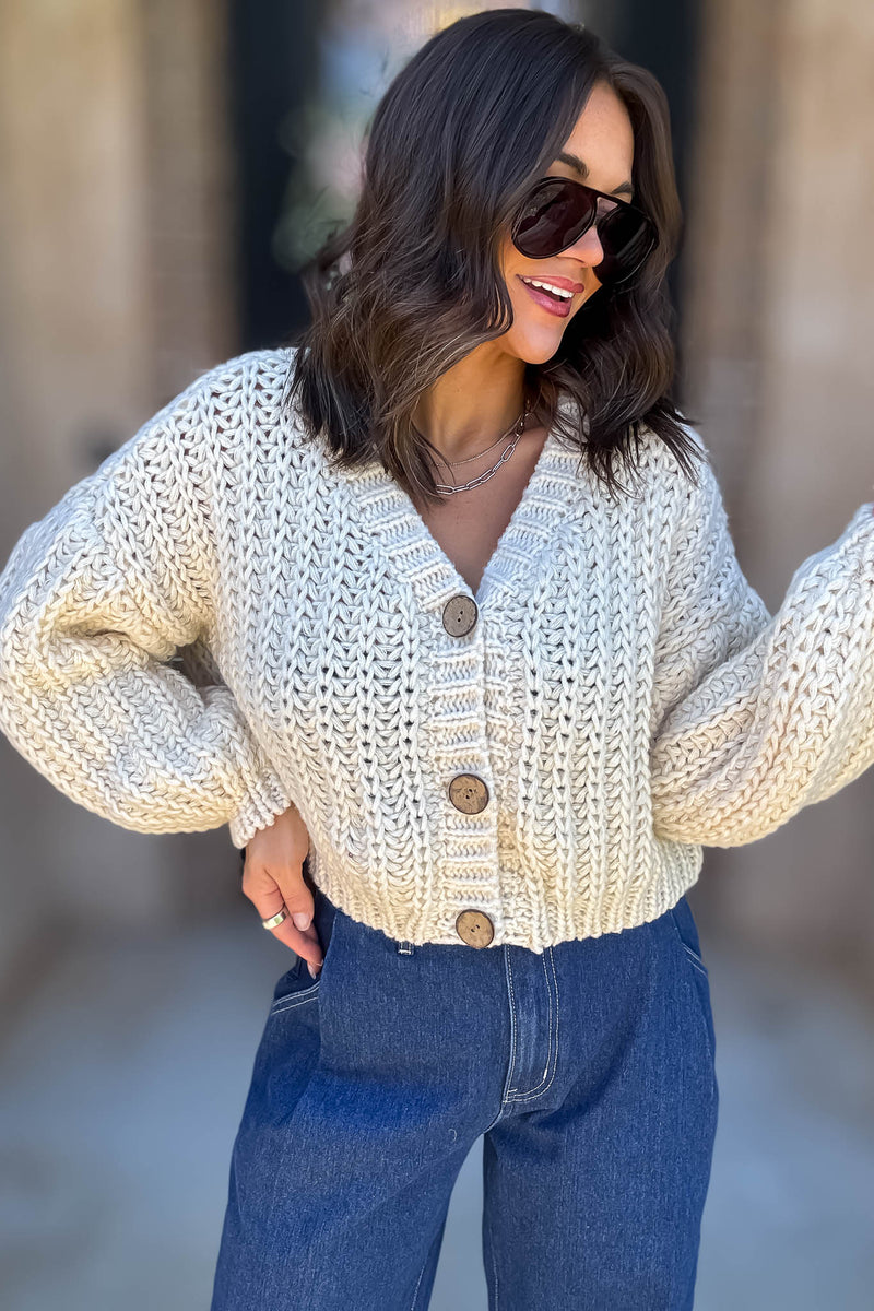 Mable Cream Chunky Knit V Neck Wood Button Down Cardigan