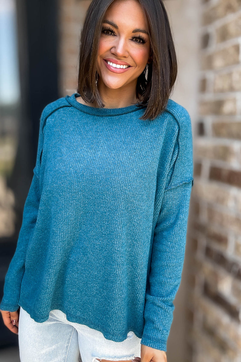 Brushed Teal Ribbed Hacci Hi-Low Sweater Top