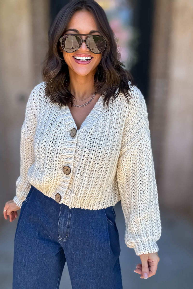 Mable Cream Chunky Knit V Neck Wood Button Down Cardigan