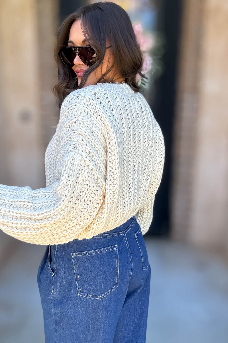 Mable Cream Chunky Knit V Neck Wood Button Down Cardigan