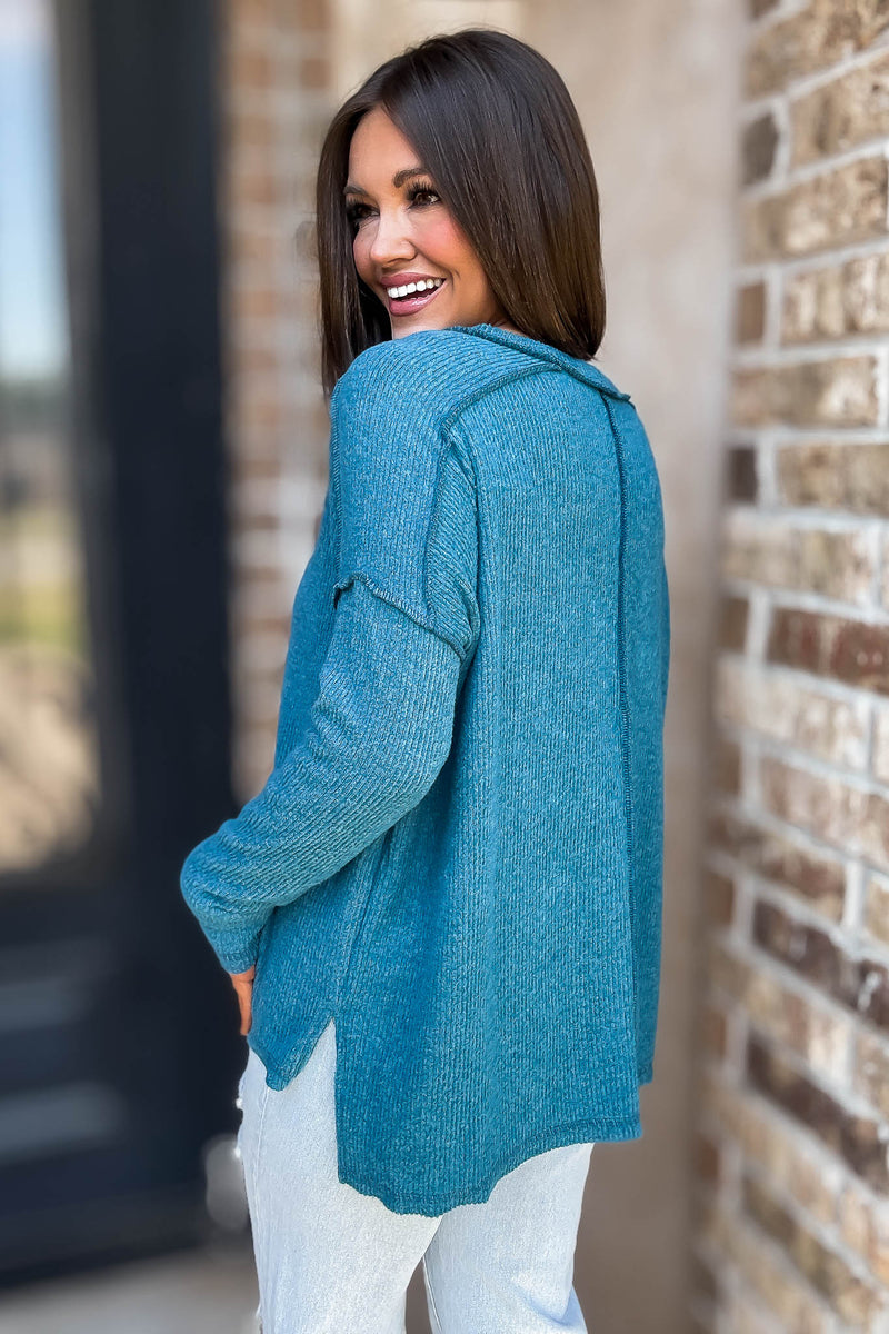 Brushed Teal Ribbed Hacci Hi-Low Sweater Top