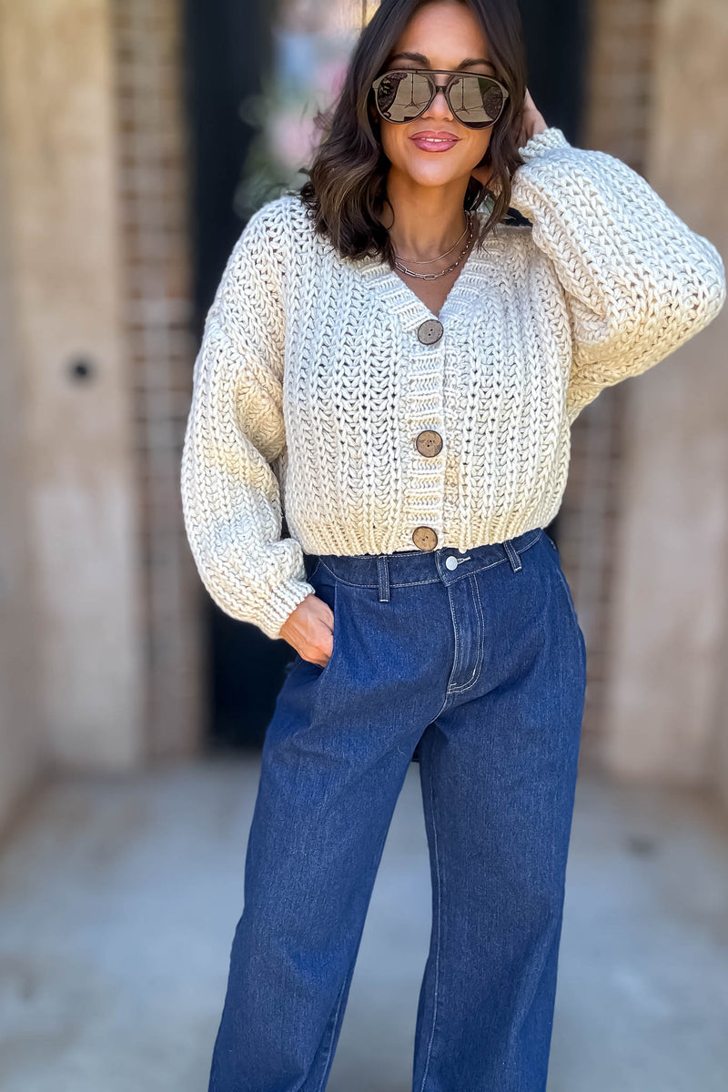 Mable Cream Chunky Knit V Neck Wood Button Down Cardigan
