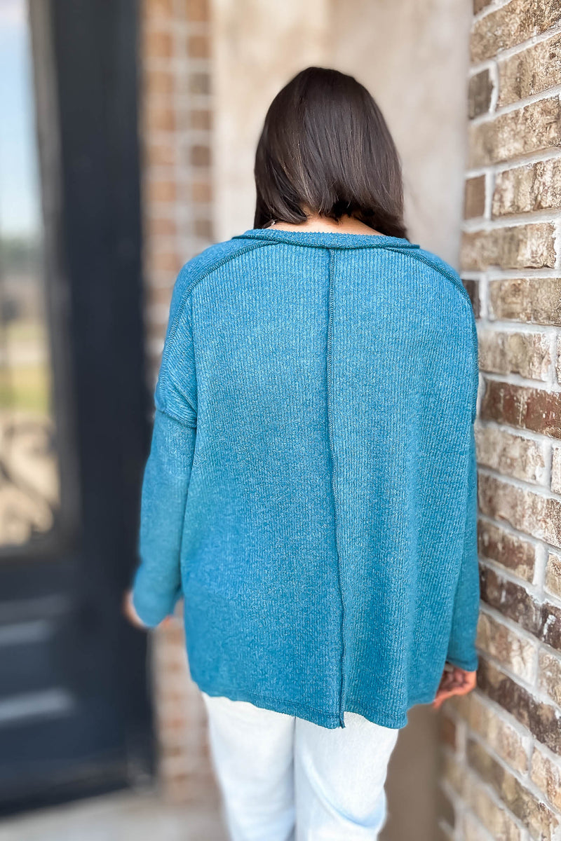 Brushed Teal Ribbed Hacci Hi-Low Sweater Top