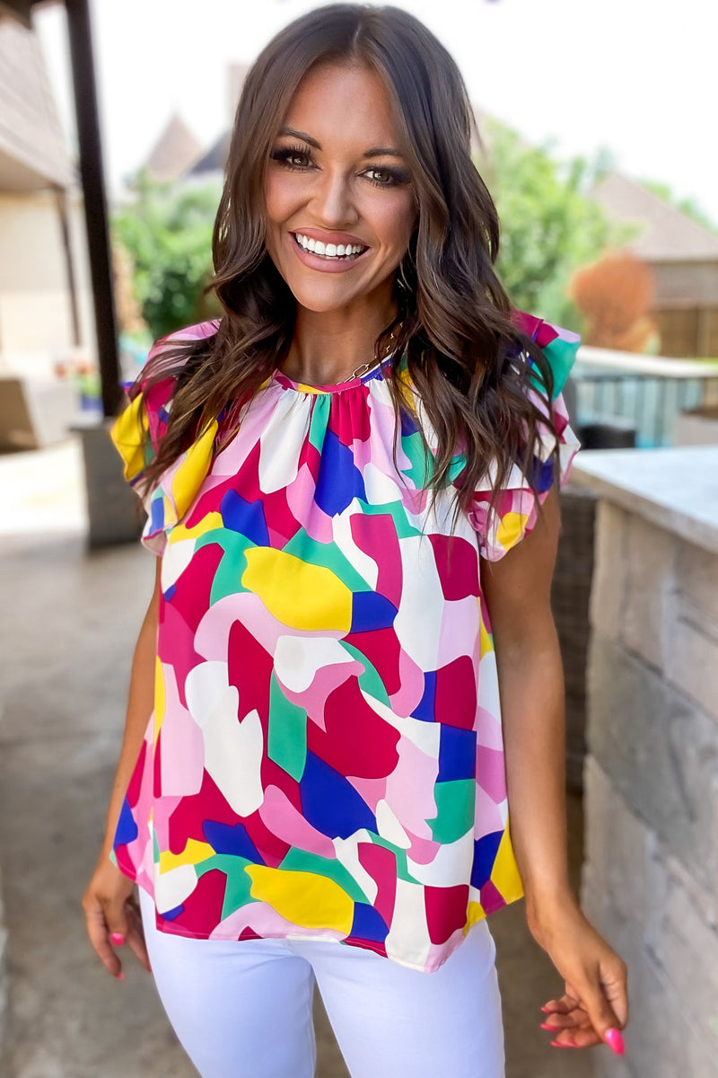 Totally Convinced Print Layered Ruffled Shoulder Top