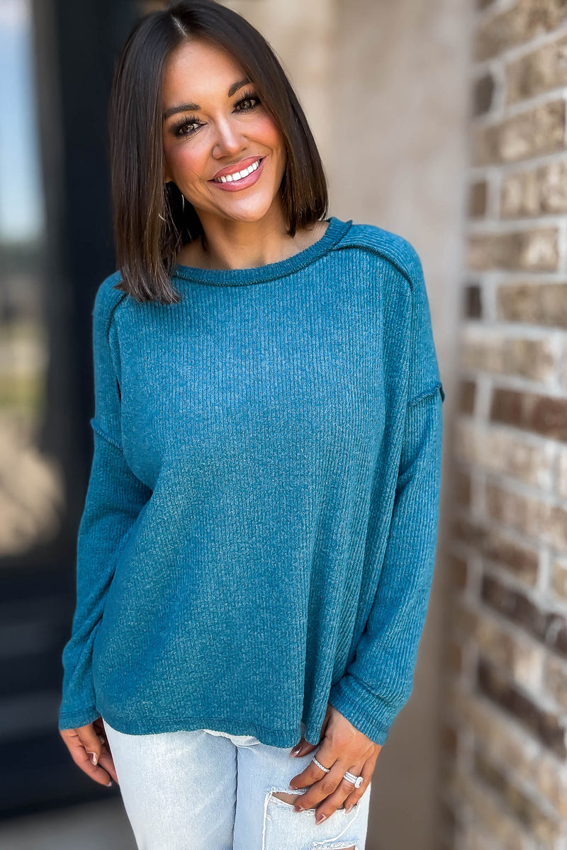 Brushed Teal Ribbed Hacci Hi-Low Sweater Top