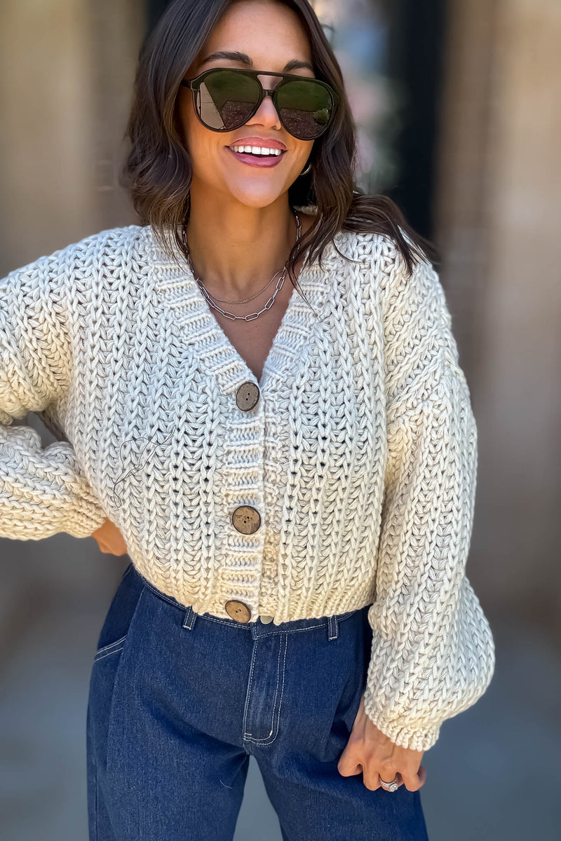 Mable Cream Chunky Knit V Neck Wood Button Down Cardigan