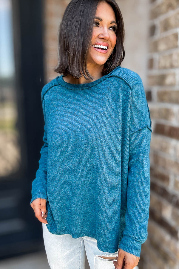 Brushed Teal Ribbed Hacci Hi-Low Sweater Top