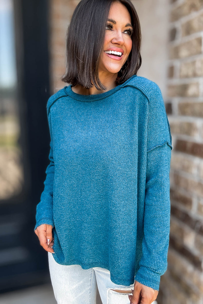 Brushed Teal Ribbed Hacci Hi-Low Sweater Top