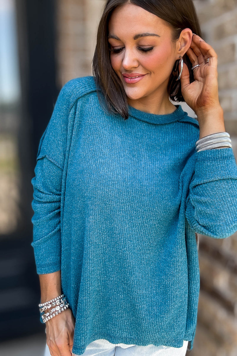 Brushed Teal Ribbed Hacci Hi-Low Sweater Top