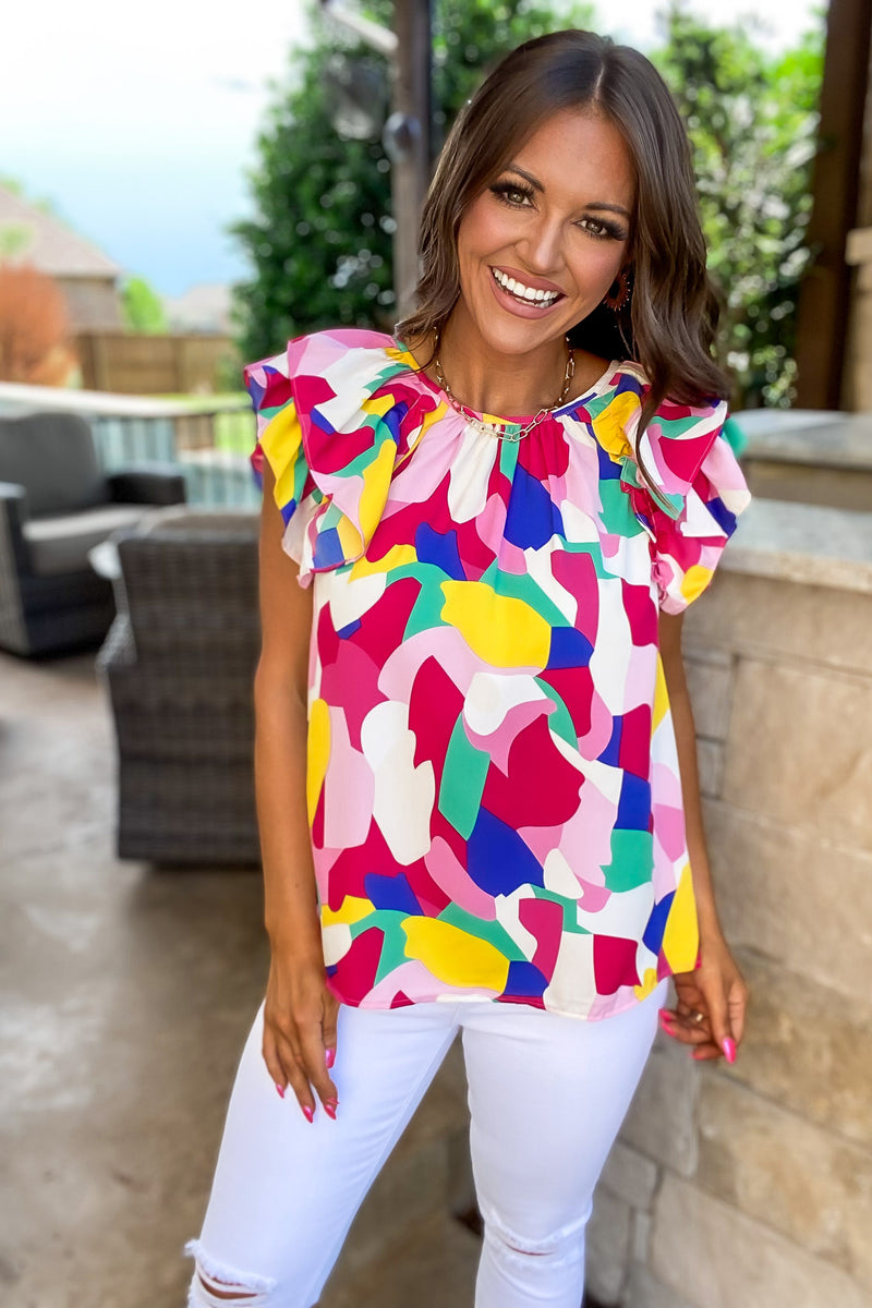 Totally Convinced Print Layered Ruffled Shoulder Top