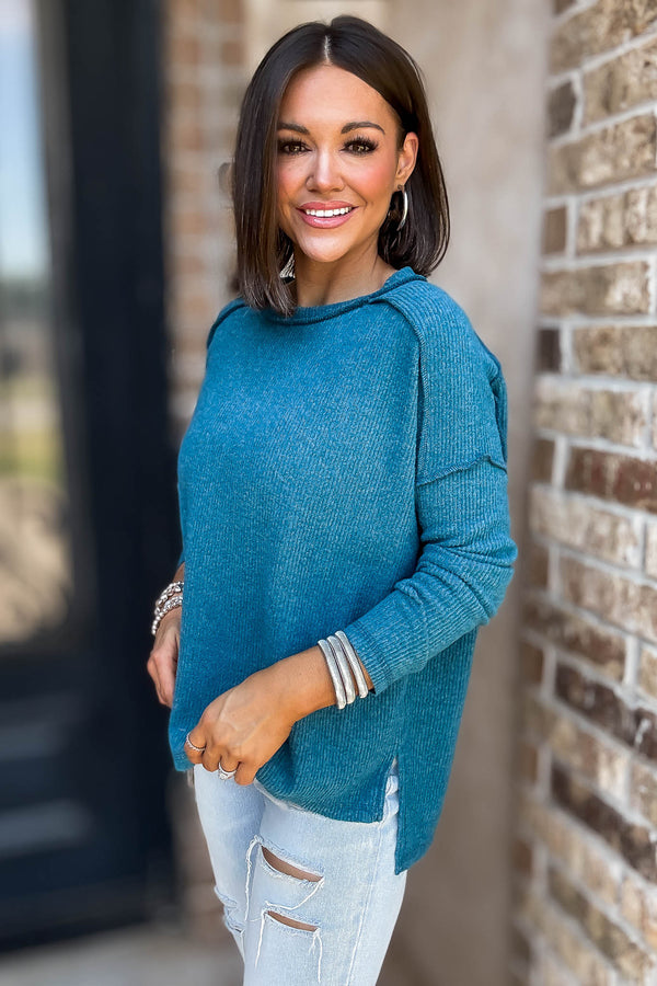 Brushed Teal Ribbed Hacci Hi-Low Sweater Top