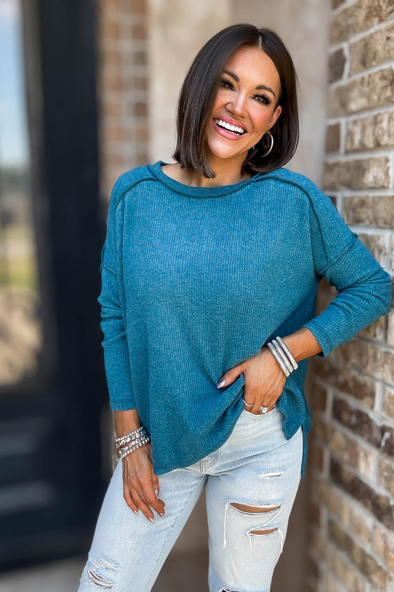 Brushed Teal Ribbed Hacci Hi-Low Sweater Top