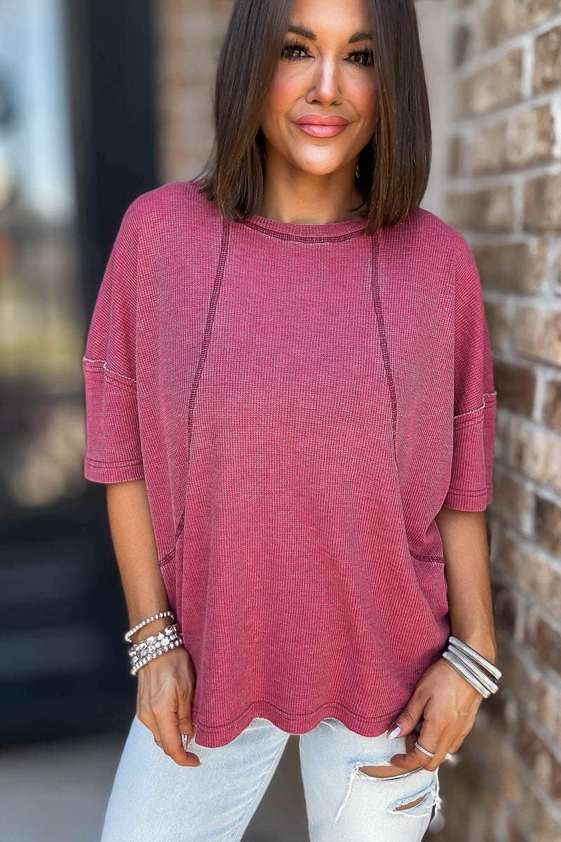 Cotton Blend Garnet Red Mineral Wash Waffle Short Sleeve Tee