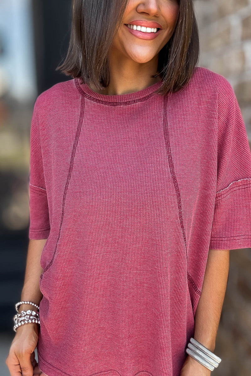 Cotton Blend Garnet Red Mineral Wash Waffle Short Sleeve Tee
