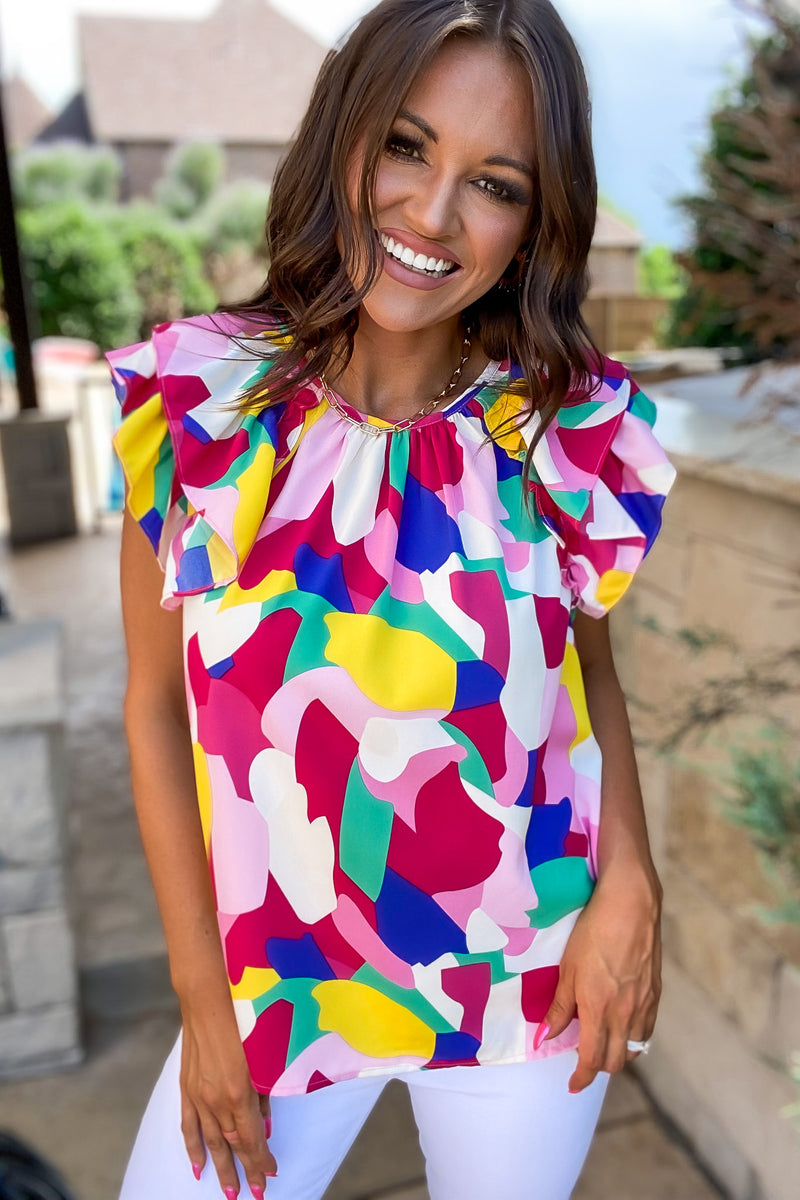 Totally Convinced Print Layered Ruffled Shoulder Top