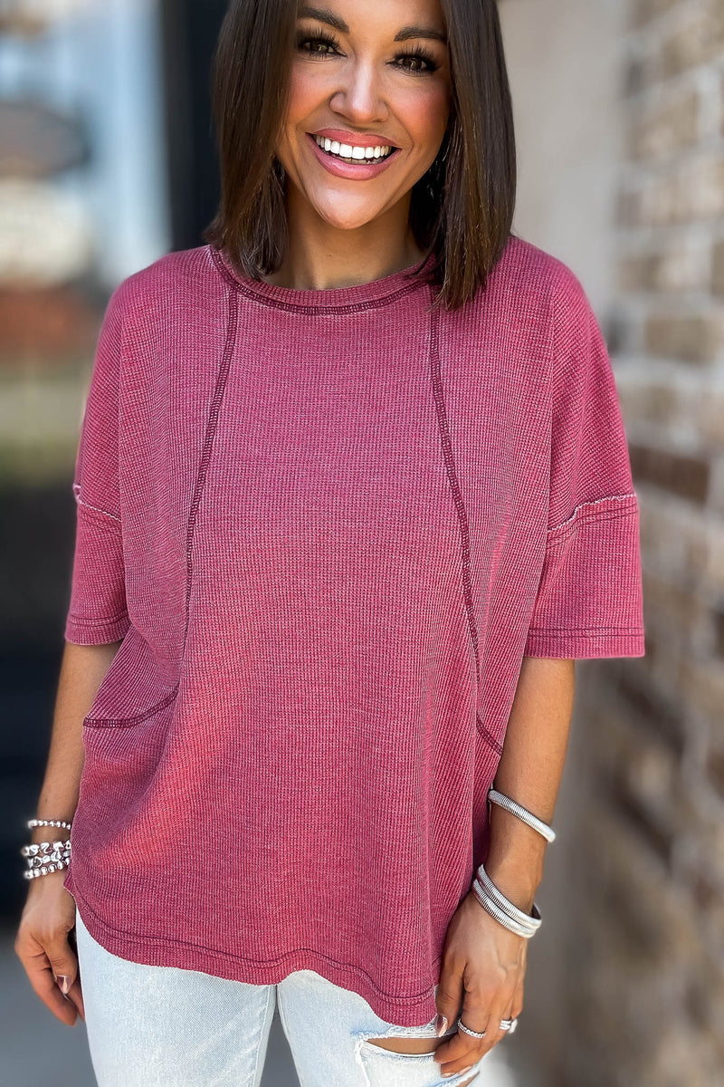 Cotton Blend Garnet Red Mineral Wash Waffle Short Sleeve Tee