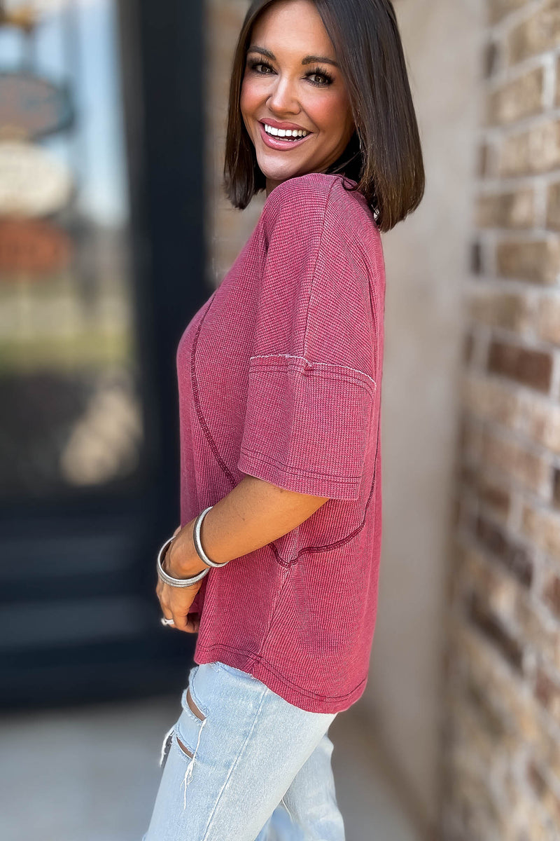 Cotton Blend Garnet Red Mineral Wash Waffle Short Sleeve Tee